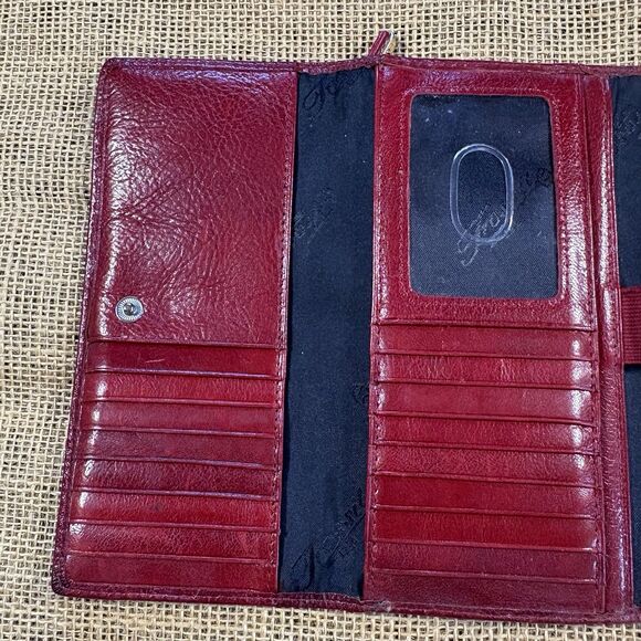 Fossil Woman's Red Stitched Leather Tri-Fold Wallet Checkbook Zipper Back - Picture 5 of 7